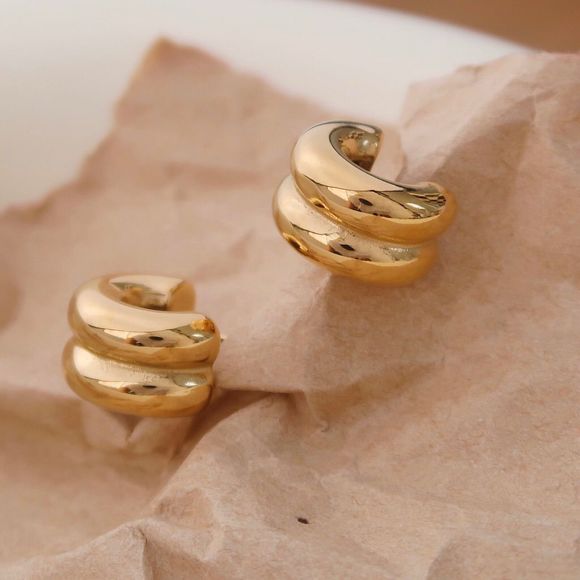 18K Gold Plated Double Stacked C Hoop Earrings - Picture 7 of 7